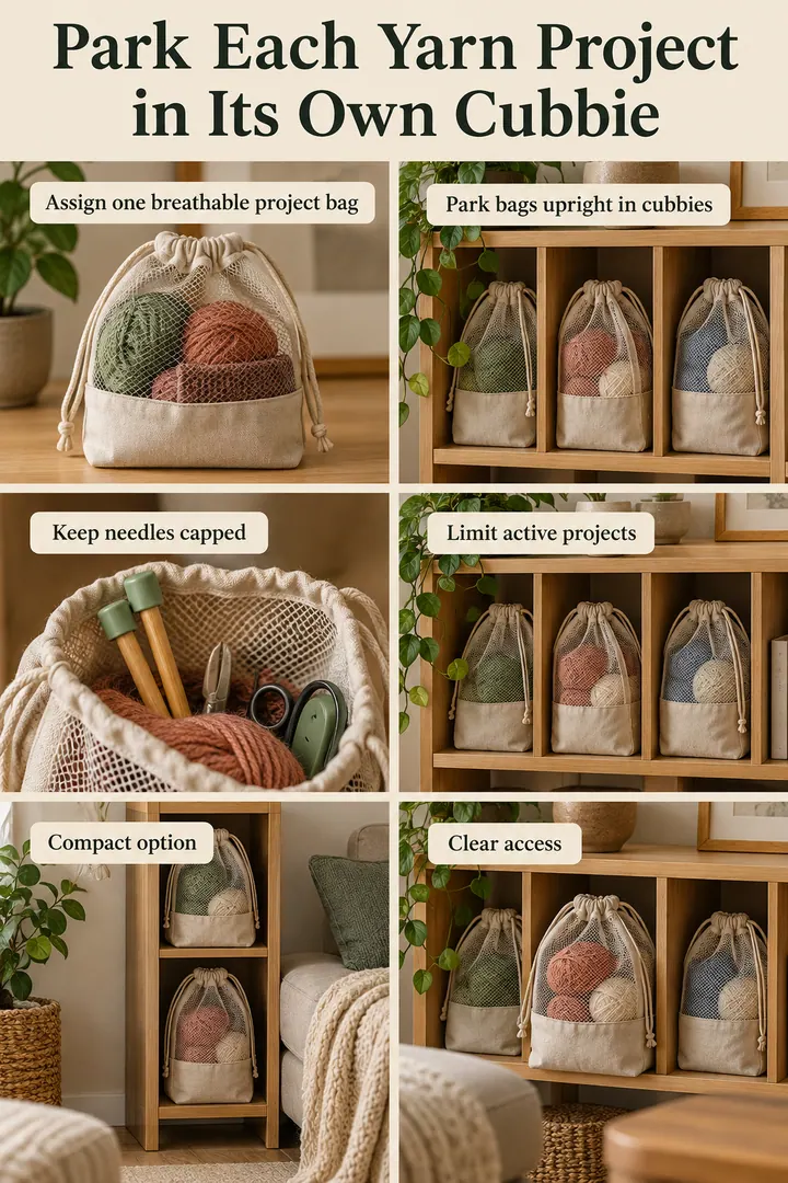 Budget Decor Catalog of yarn project bag vertical cubbies in Living room bookcase base showing assign one breathable project bag.