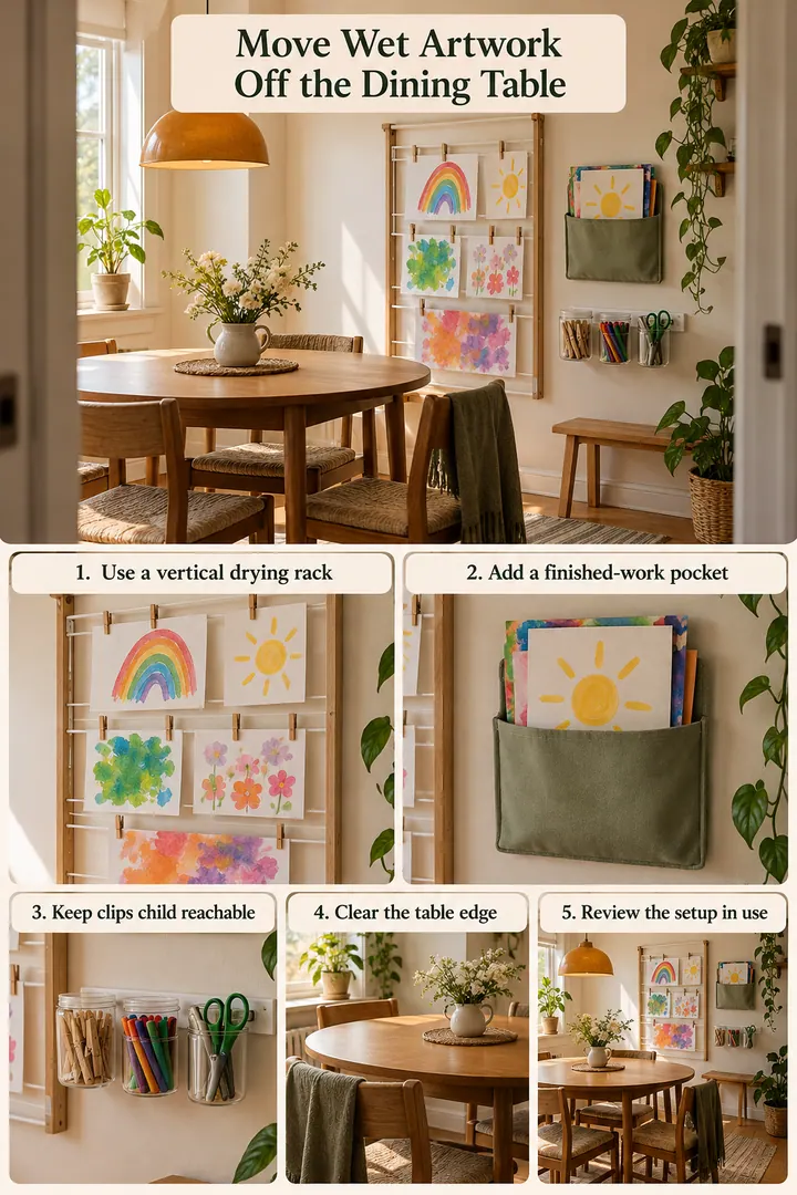 Numbered Ideas Infographic of kids art drying station in Dining nook wall showing use a vertical drying rack.