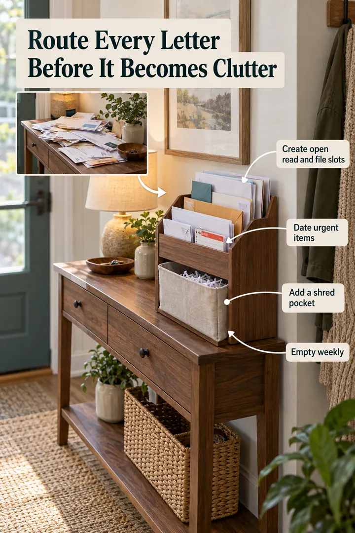 Annotated Educational Photo of mail action sorter in Narrow entry console showing create open read and file slots.