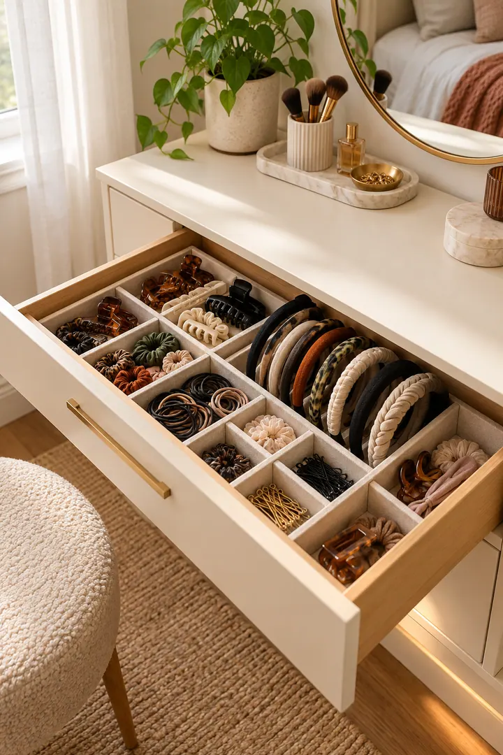 Clean Photo of hair accessory drawer grid in Bedroom vanity drawer showing separate by accessory shape.
