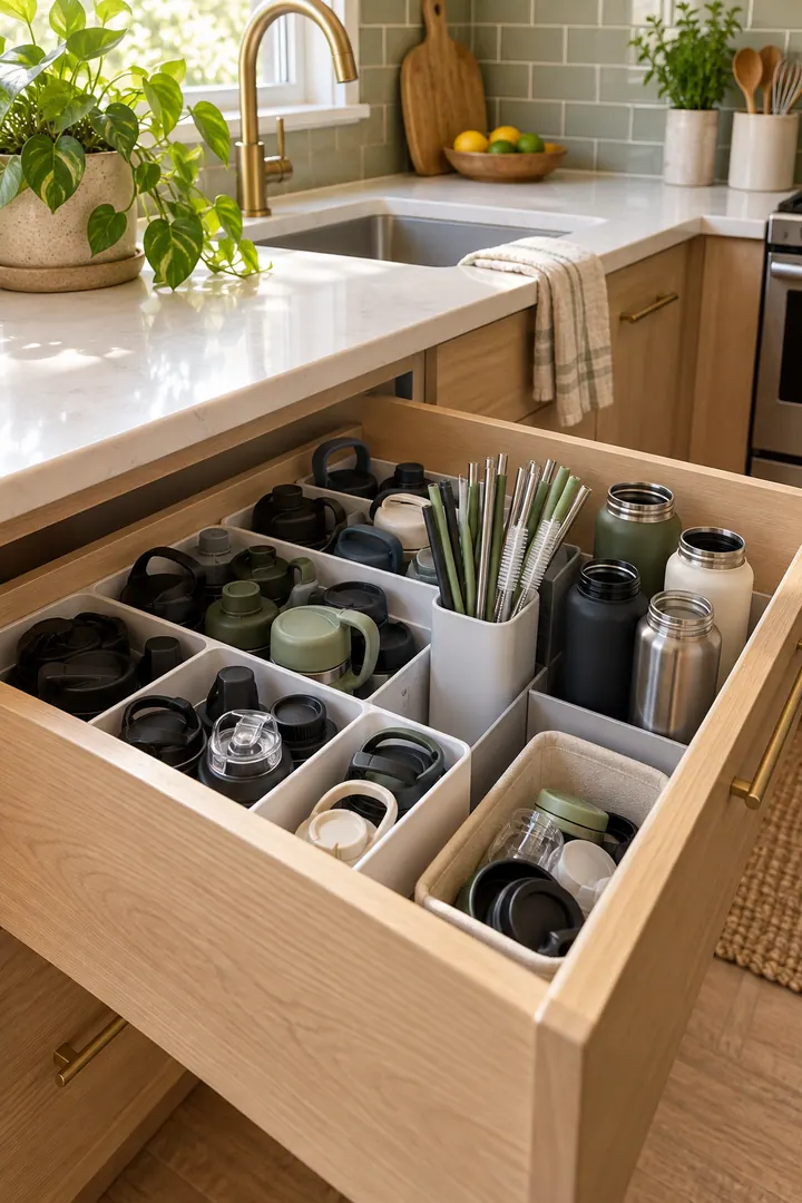 Detail/Lifestyle Photo of water bottle lid pairing in Kitchen drawer showing group lids by opening.