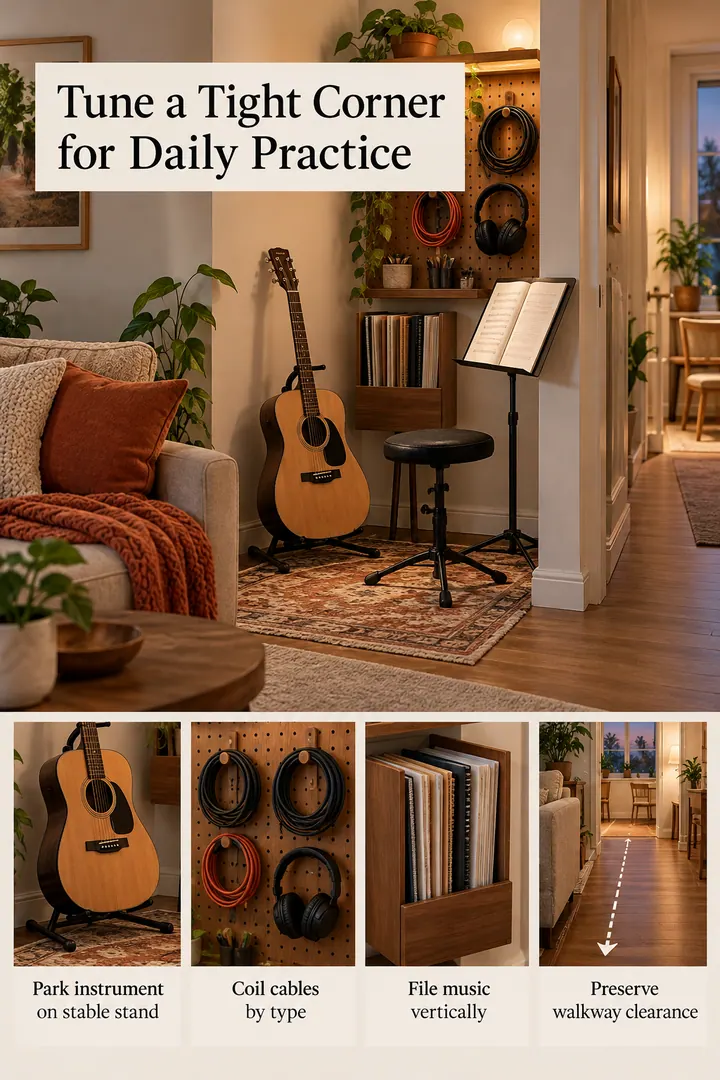 Editorial Educational Collage of musical instrument corner in Living room alcove showing park instrument on stable stand.