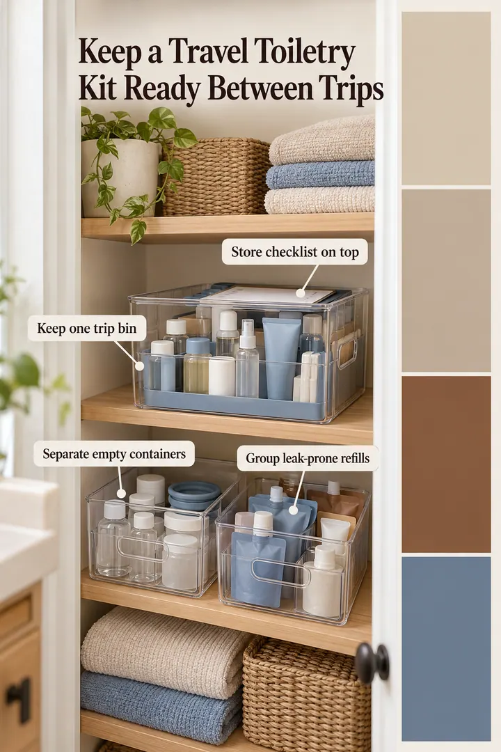 Color Palette Guide of travel toiletry refill bin in Bathroom closet showing keep one trip bin.