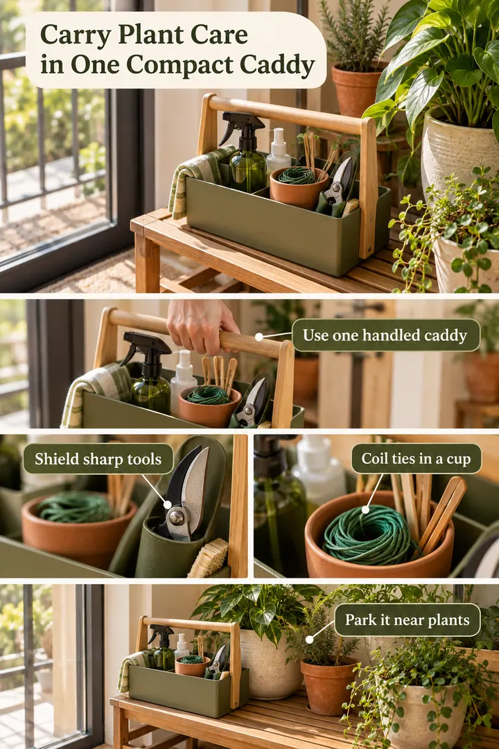 Room-by-Room Visual Guide of plant care caddy in Balcony door niche showing use one handled caddy.