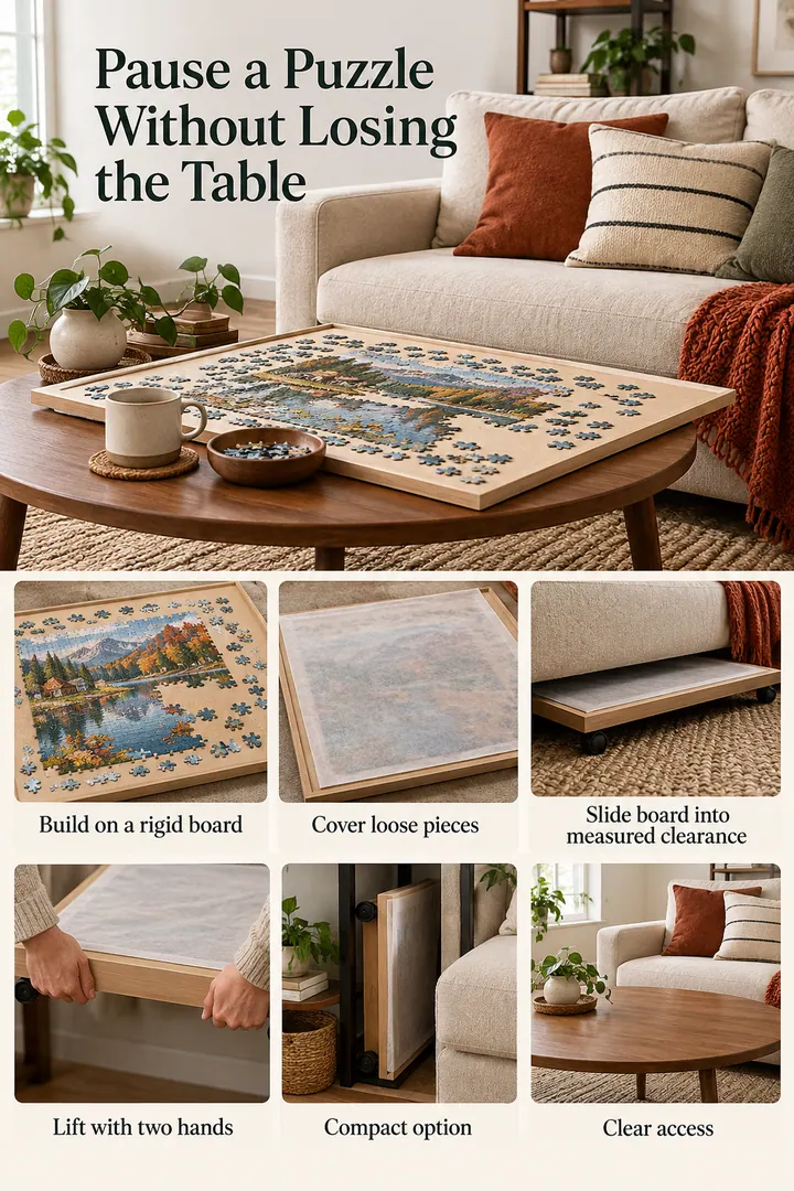 Budget Decor Catalog of puzzle-in-progress board storage in Under-sofa clearance showing build on a rigid board.