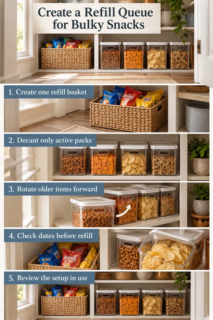 Numbered Ideas Infographic of bulk snack decant queue in Pantry floor zone showing create one refill basket.