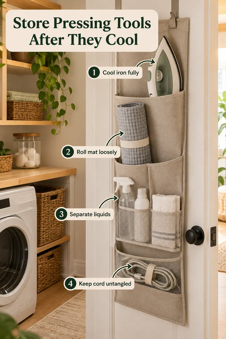 Annotated Educational Photo of ironing tools closet pocket in Laundry closet door showing cool iron fully.