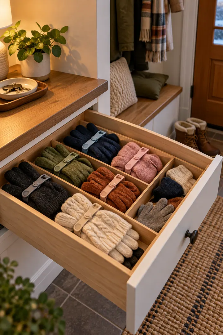 Clean Photo of winter glove pairing clips in Entryway drawer showing clip pairs together.