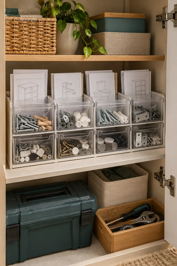 Detail/Lifestyle Photo of home repair parts organizer in Utility cupboard showing sort by approved task.