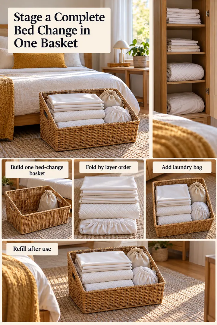 Editorial Educational Collage of bed linen change basket in Bedroom wardrobe base showing build one bed-change basket.