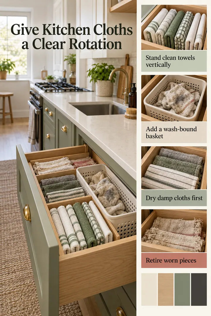 Color Palette Guide of tea towel rotation drawer in Galley kitchen drawer showing stand clean towels vertically.