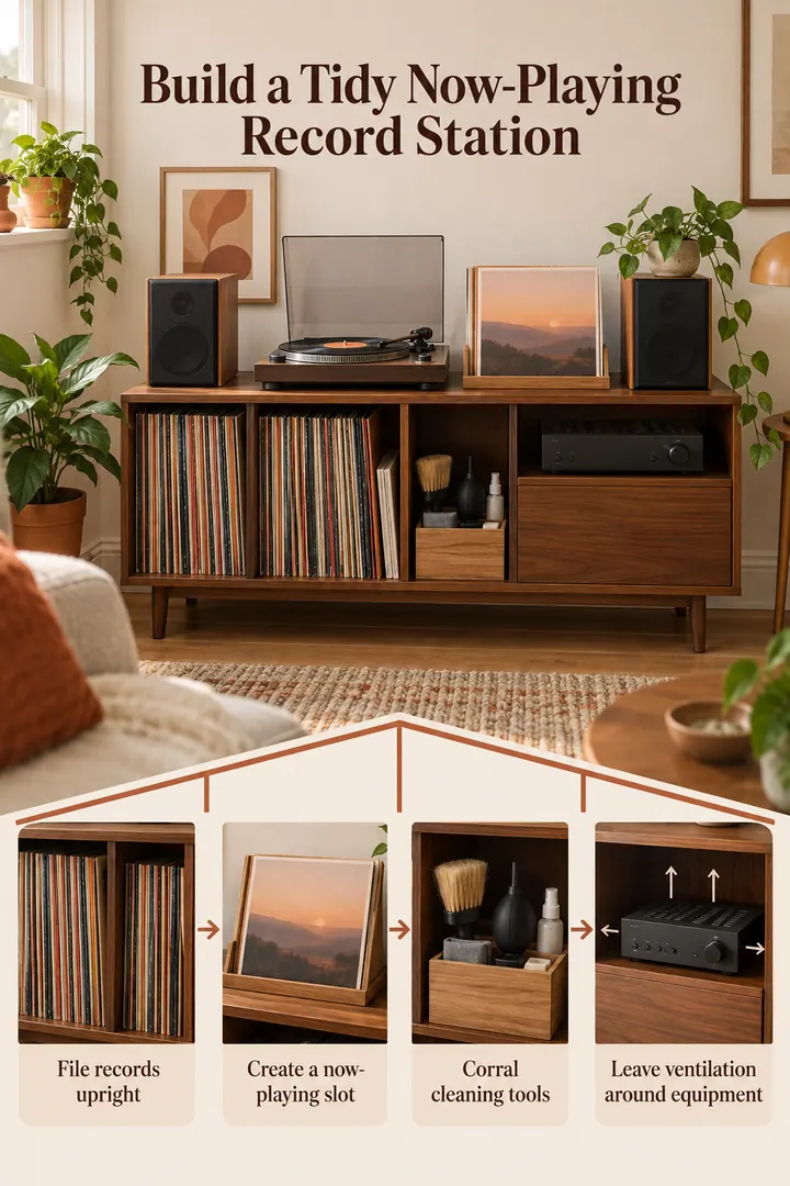 Room-by-Room Visual Guide of vinyl listening cabinet in Small living room credenza showing file records upright.