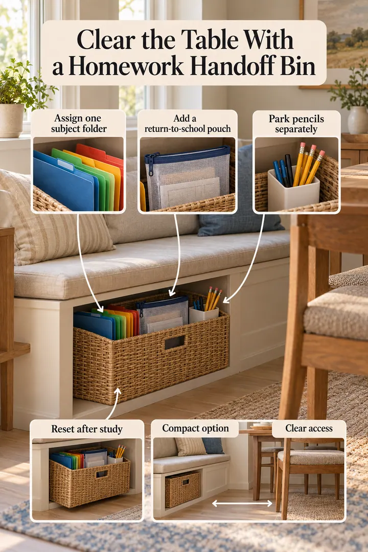 Budget Decor Catalog of homework handoff basket in Dining bench cubby showing assign one subject folder.