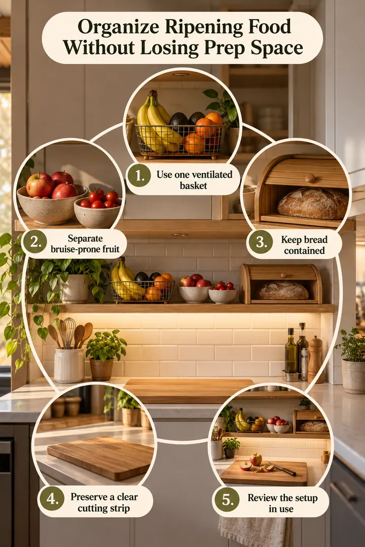 Numbered Ideas Infographic of bread and produce counter zones in Compact kitchen counter showing use one ventilated basket.