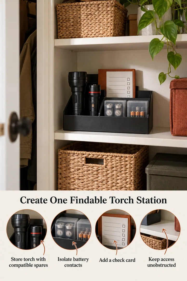 Annotated Educational Photo of emergency torch station in Hall closet shelf showing store torch with compatible spares.