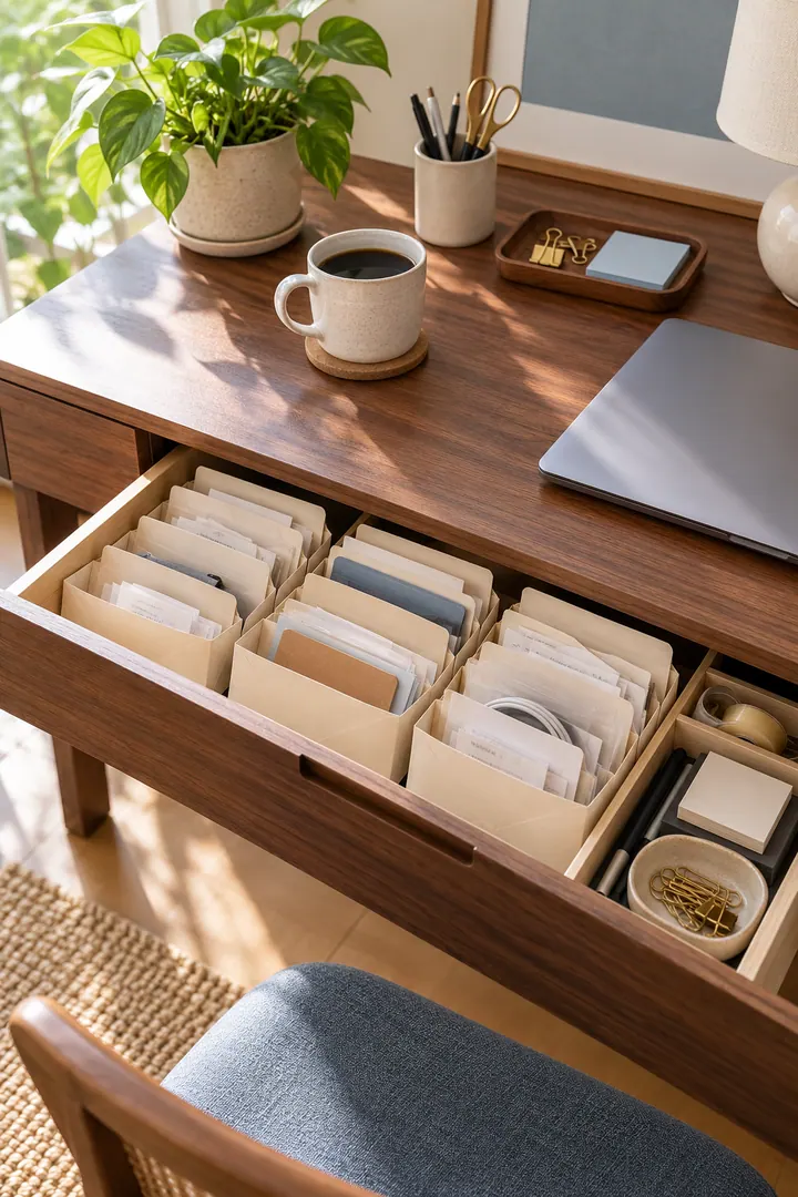 Clean Photo of gift receipt envelope system in Home office drawer showing use dated envelopes.