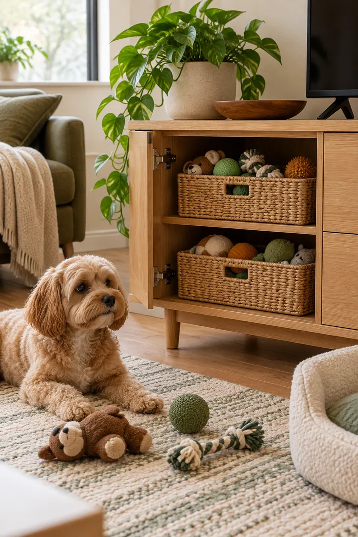 Detail/Lifestyle Photo of pet toy rotation baskets in Living room low cabinet showing keep one active basket.