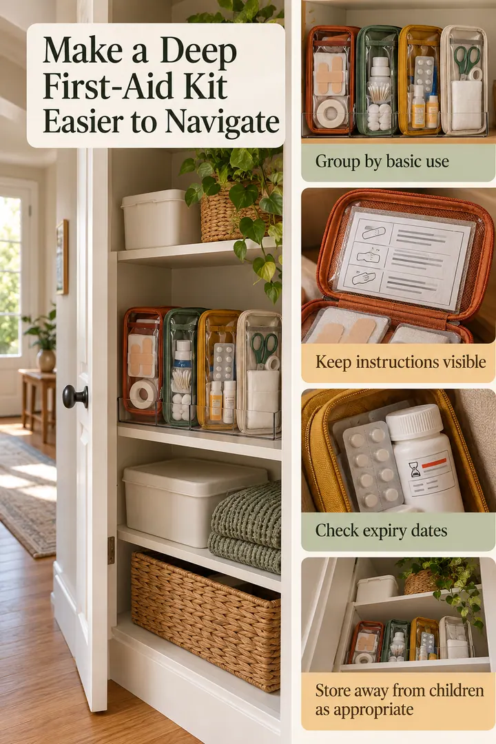 Editorial Educational Collage of first-aid category pouches in Hall cupboard showing group by basic use.