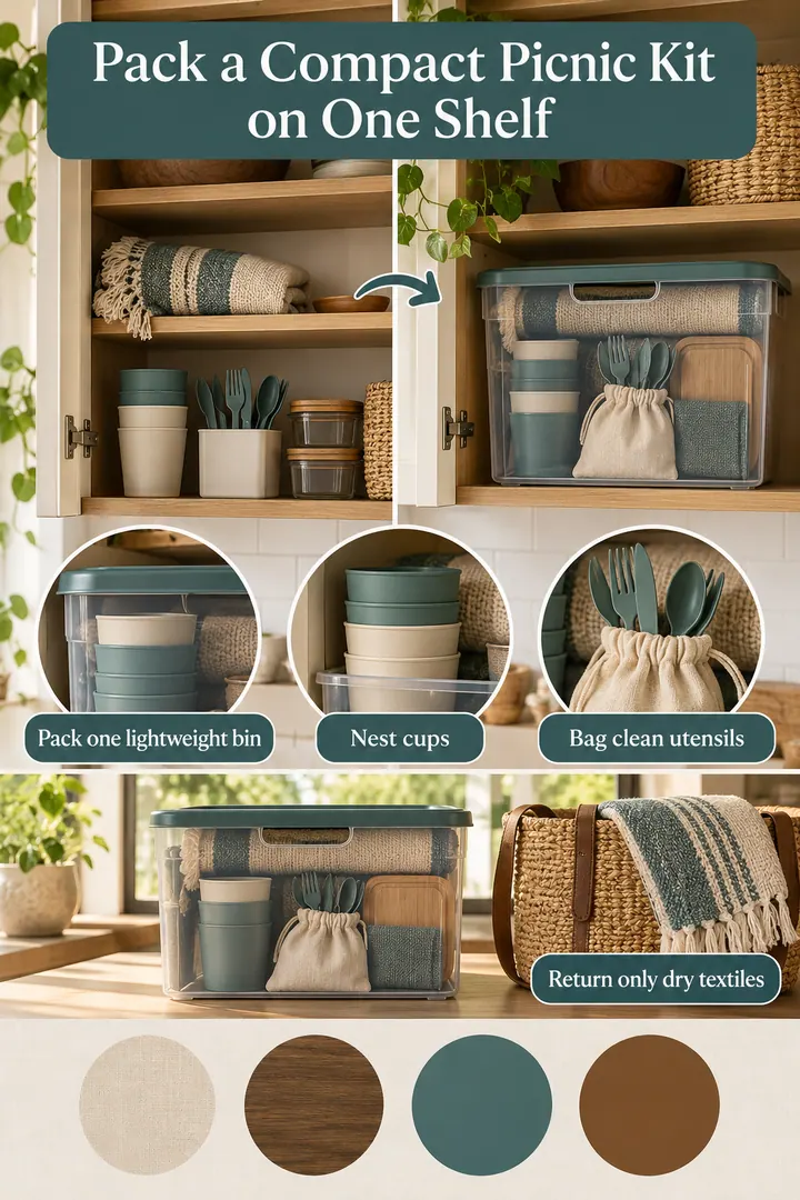 Color Palette Guide of picnic gear grab bin in High kitchen shelf showing pack one lightweight bin.
