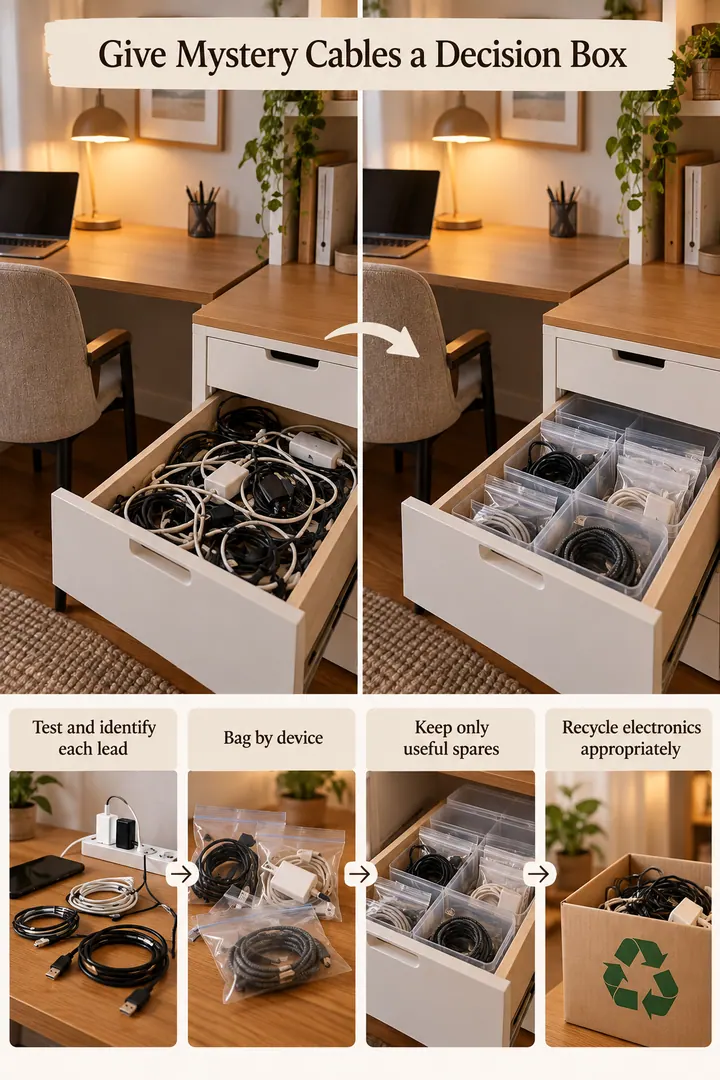 Room-by-Room Visual Guide of spare cable retirement box in Desk cabinet showing test and identify each lead.