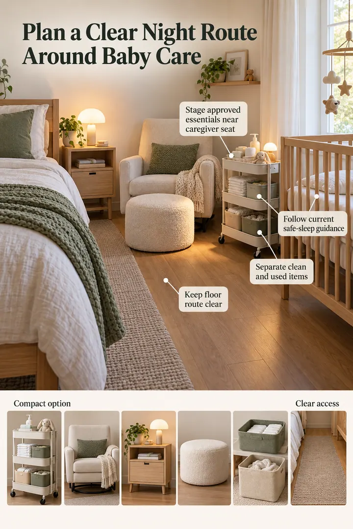 Budget Decor Catalog of narrow nursery night route in Compact nursery corner showing stage approved essentials near caregiver seat.