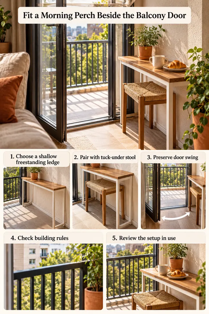 Numbered Ideas Infographic of balcony breakfast ledge in Apartment balcony showing choose a shallow freestanding ledge.