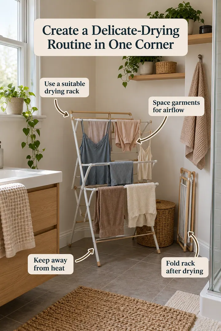 Annotated Educational Photo of laundry air-dry sequence in Bathroom laundry corner showing use a suitable drying rack.