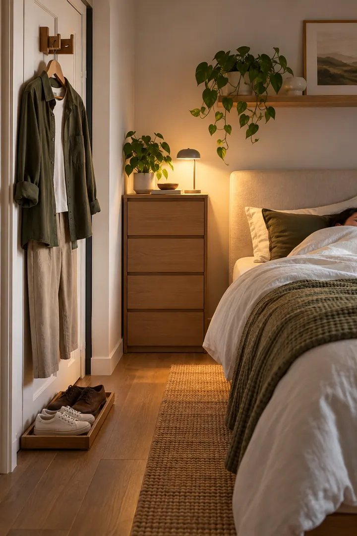 Clean Photo of shared bedroom wake-up zone in Shared adult bedroom showing stage tomorrow's outfit.