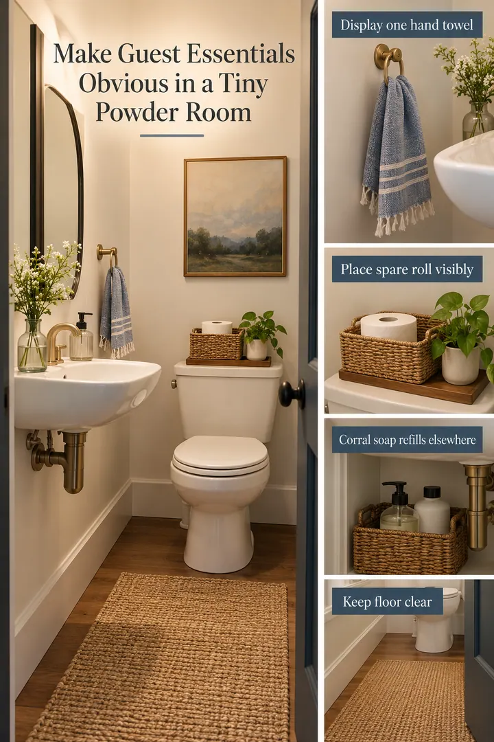 Editorial Educational Collage of powder room guest supplies in Tiny powder room showing display one hand towel.