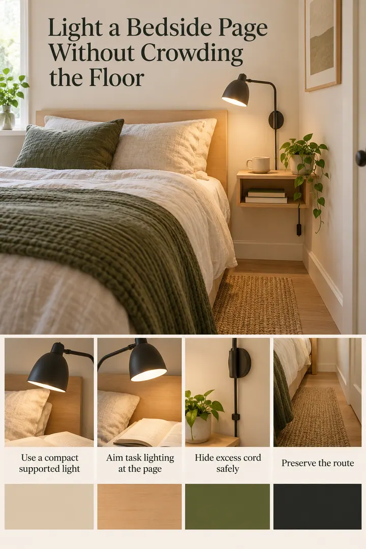 Color Palette Guide of bedroom reading light footprint in Box bedroom showing use a compact supported light.