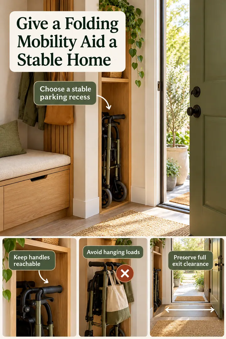 Room-by-Room Visual Guide of entry mobility aid parking in Apartment entry showing choose a stable parking recess.