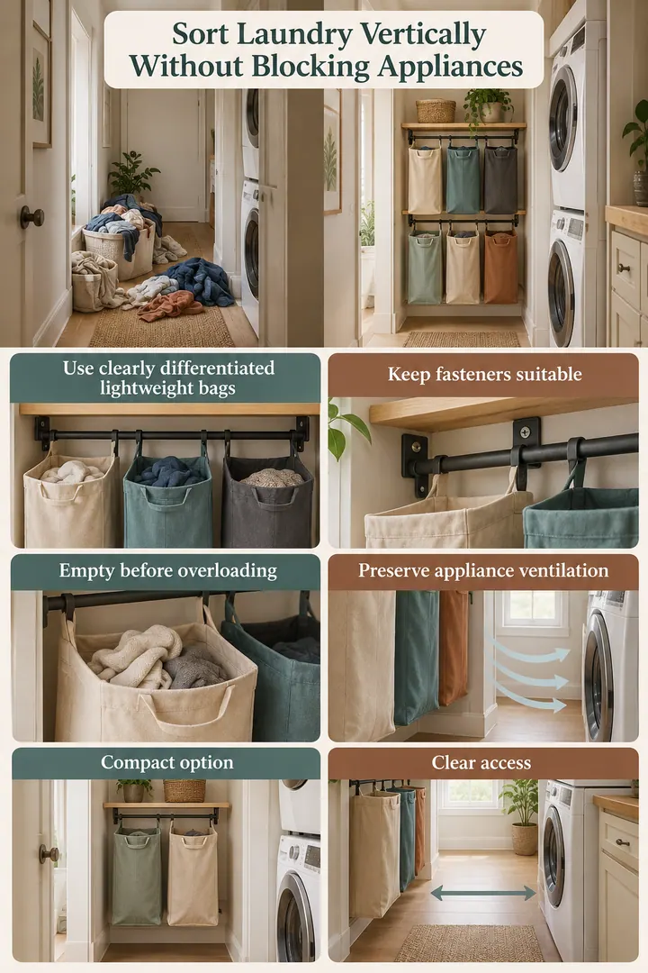Budget Decor Catalog of compact laundry sorting wall in Laundry alcove showing use clearly differentiated lightweight bags.