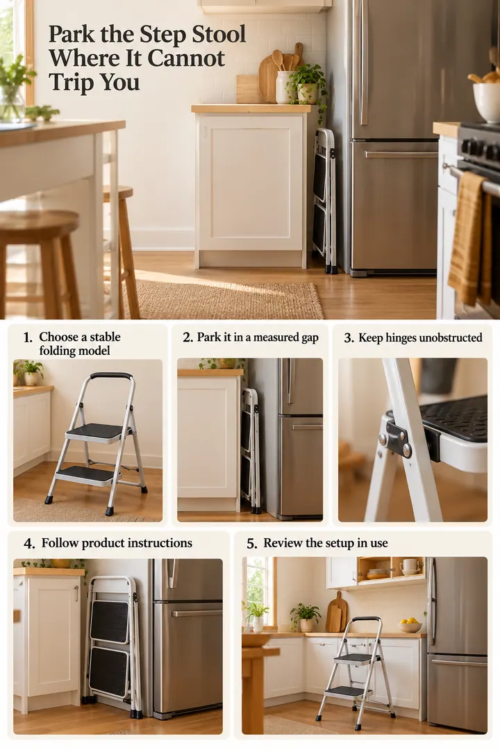 Numbered Ideas Infographic of kitchen stool parking in Eat-in kitchen showing choose a stable folding model.