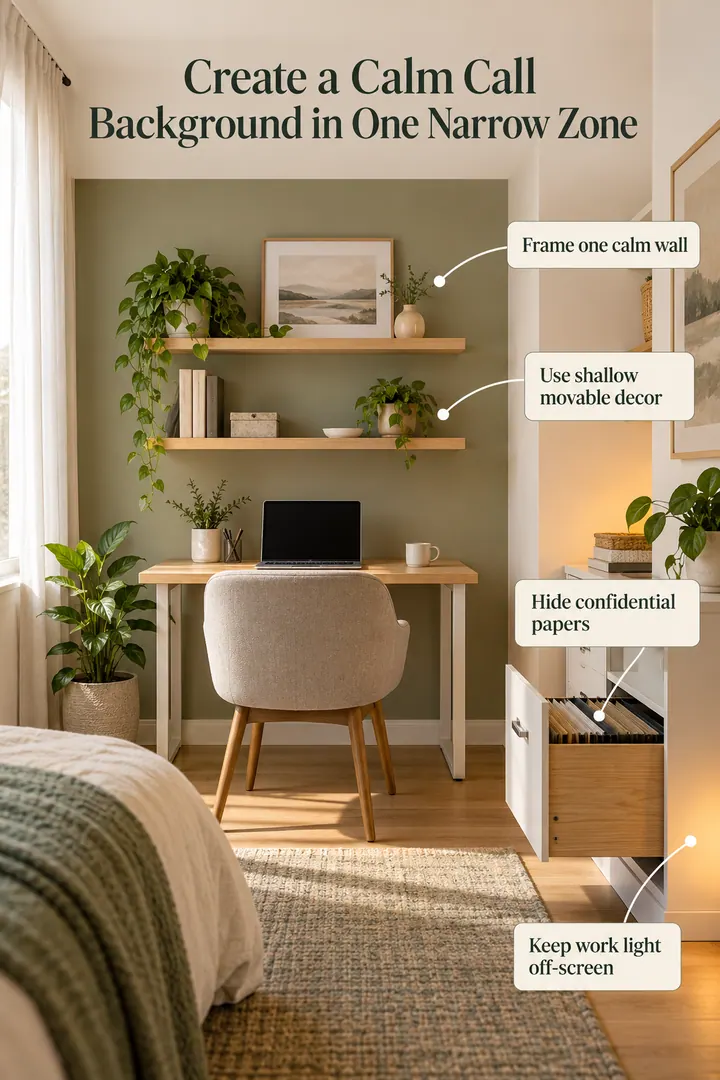 Annotated Educational Photo of home office video backdrop in Bedroom work corner showing frame one calm wall.