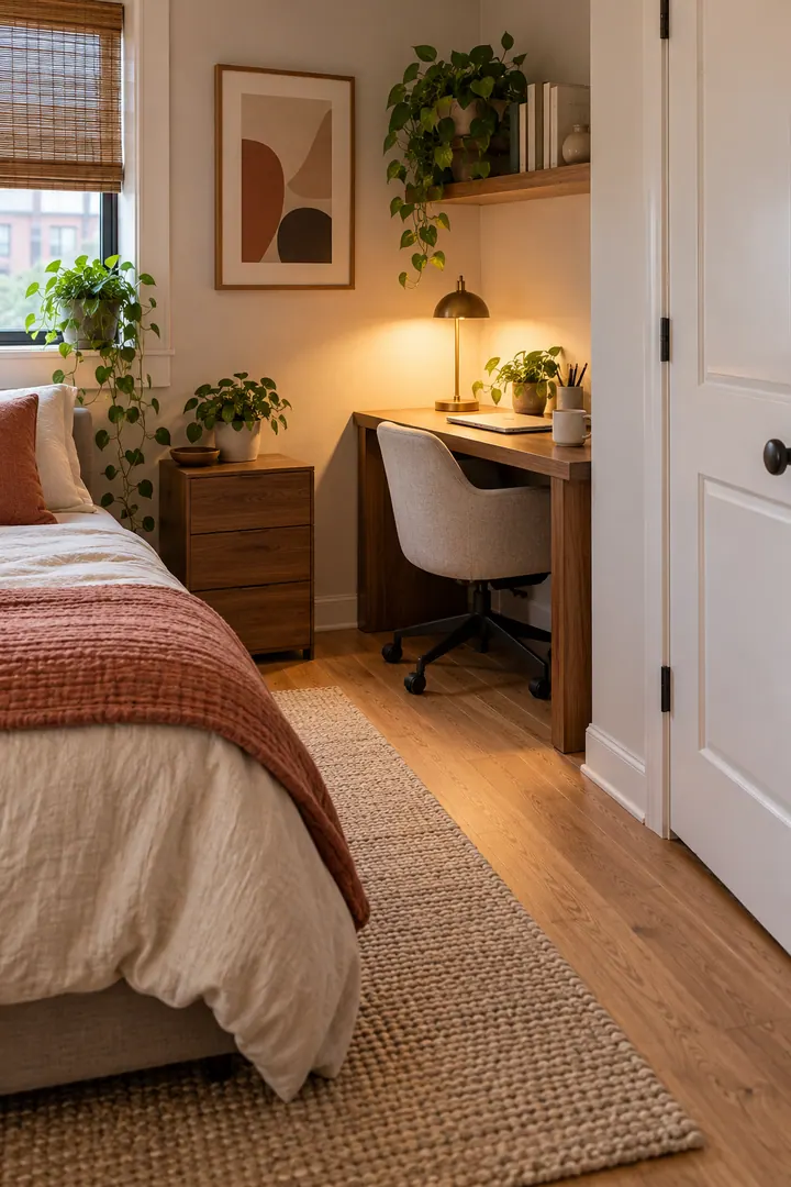 Clean Photo of home office chair parking zone in Bedroom work corner showing set a measured parking recess.