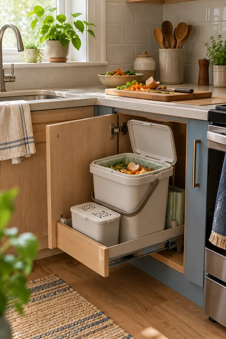 Detail/Lifestyle Photo of kitchen compost transfer station in Under-counter kitchen zone showing use a lidded washable caddy.
