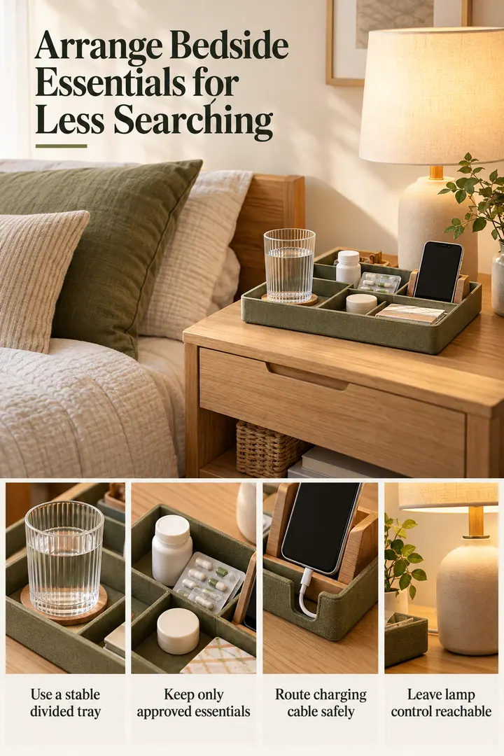 Editorial Educational Collage of accessible bedside essentials in Small bedroom showing use a stable divided tray.