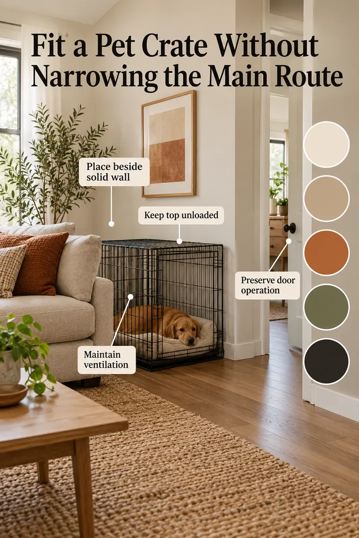 Color Palette Guide of pet crate living room fit in Small living room showing place beside solid wall.