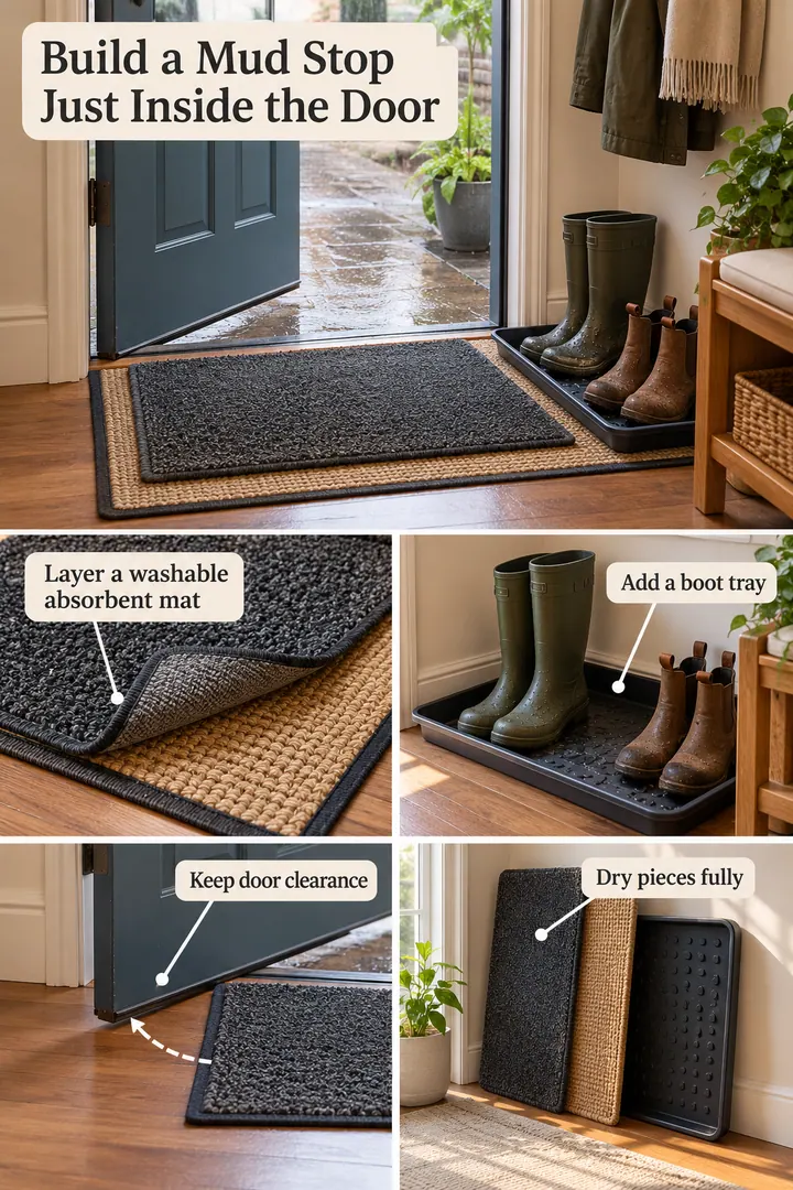 Room-by-Room Visual Guide of seasonal entry mat swap in Apartment entry showing layer a washable absorbent mat.