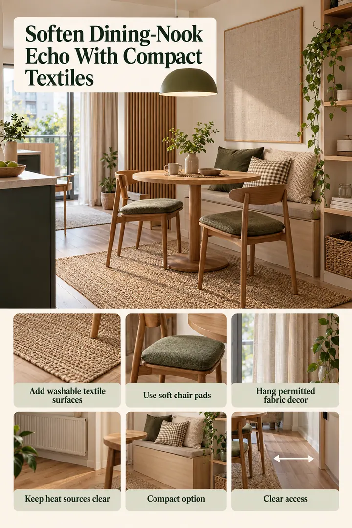 Budget Decor Catalog of micro dining acoustics in Open-plan apartment dining nook showing add washable textile surfaces.