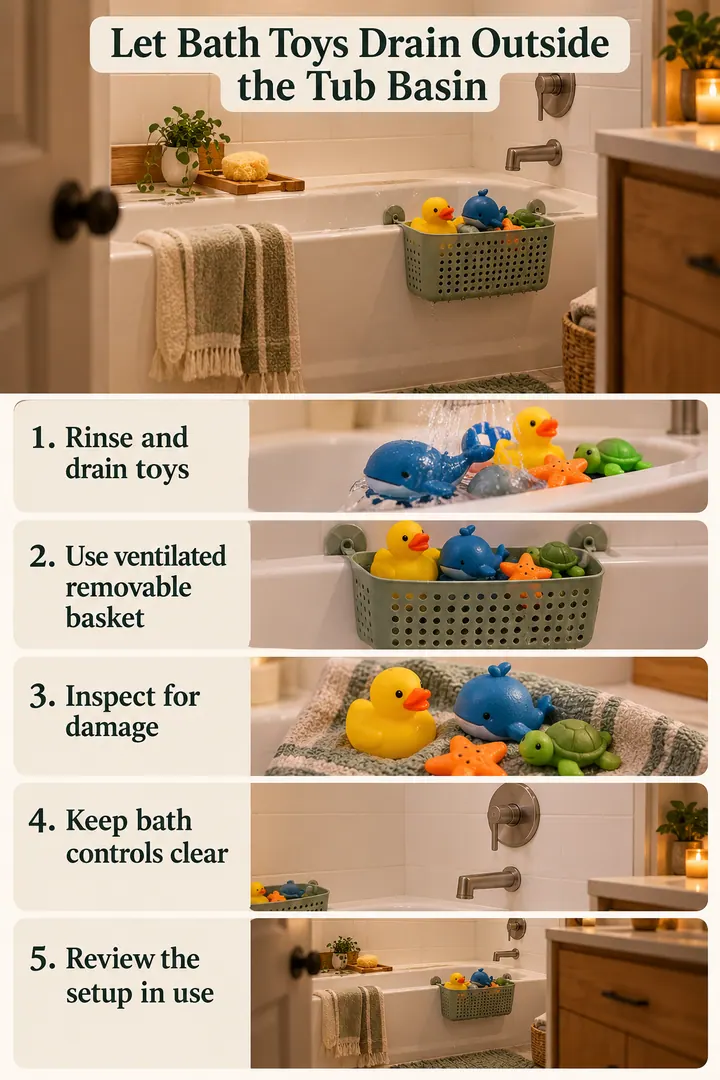 Numbered Ideas Infographic of bath toy drain zone in Small family bathroom showing rinse and drain toys.
