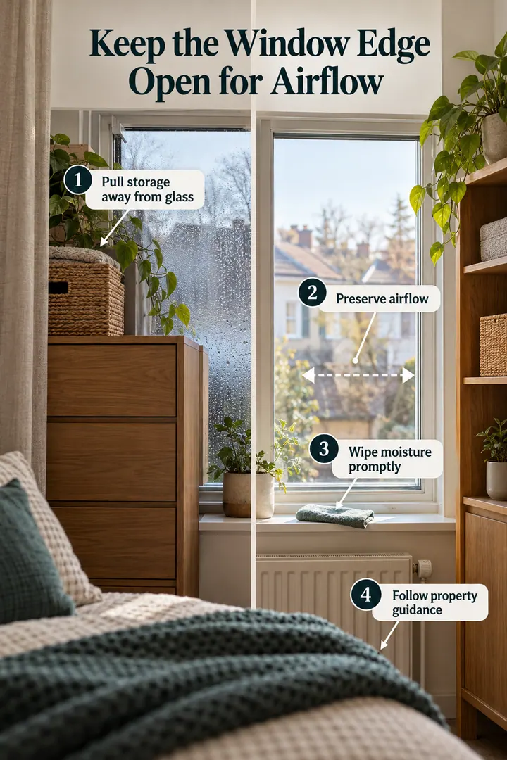 Annotated Educational Photo of window condensation clearance in Small bedroom window wall showing pull storage away from glass.
