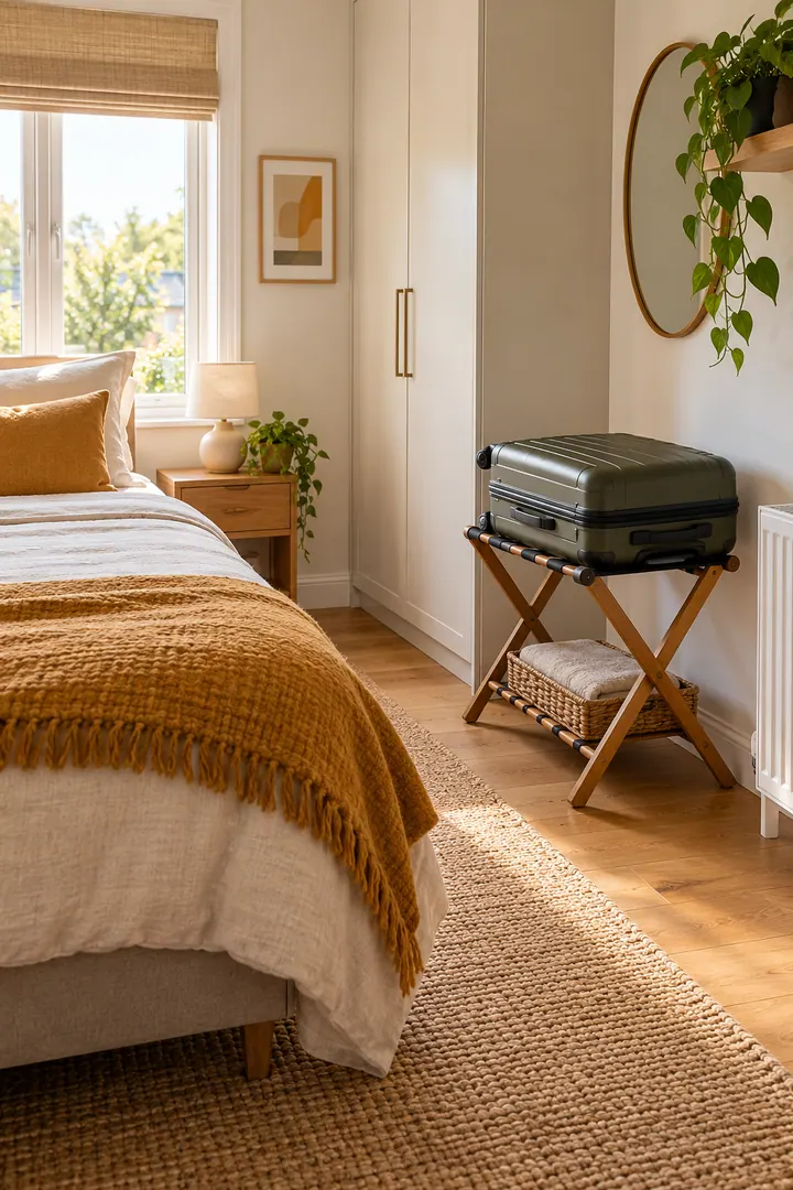Clean Photo of compact guest luggage perch in Small spare bedroom showing use a folding luggage stand.
