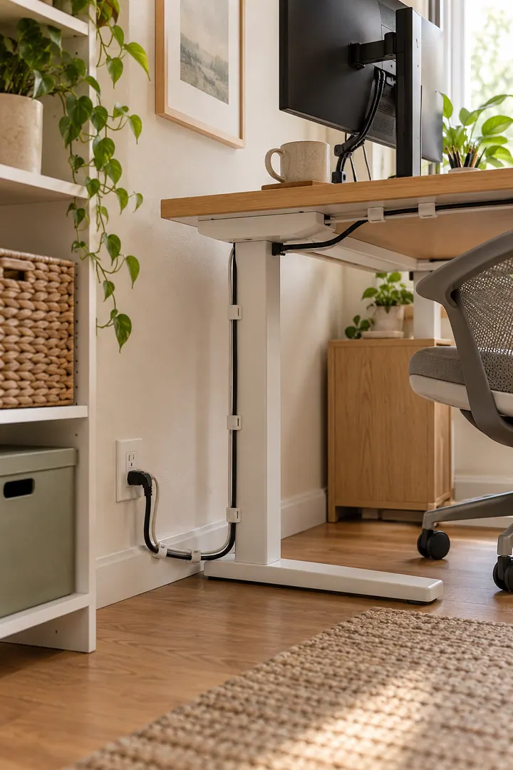 Detail/Lifestyle Photo of removable cable route in Rental home office showing plan cable slack through movement.