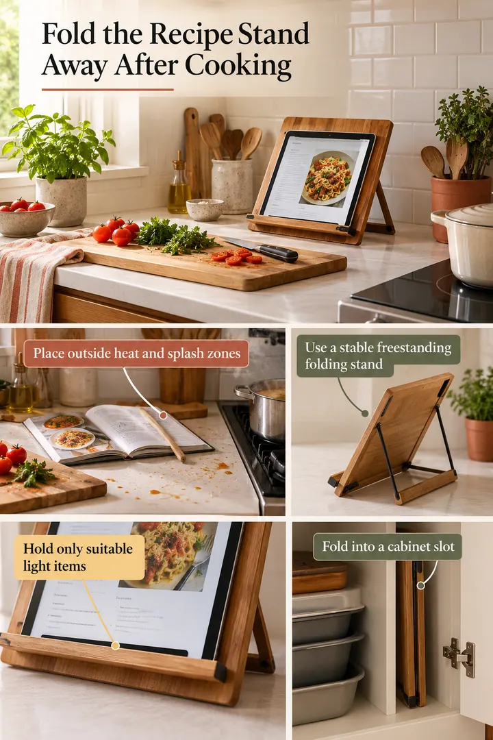 Editorial Educational Collage of folding countertop recipe stand in Rental kitchenette prep corner showing use a stable freestanding folding stand.