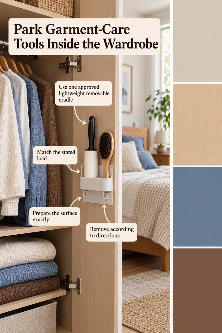 Color Palette Guide of removable lint roller wardrobe station in Rental wardrobe interior side showing use one approved lightweight removable cradle.