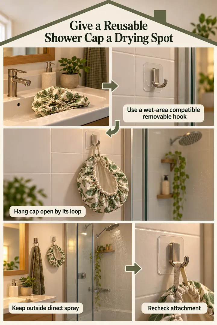 Room-by-Room Visual Guide of removable shower cap drying hook in Rental bathroom dry-side tile showing use a wet-area compatible removable hook.