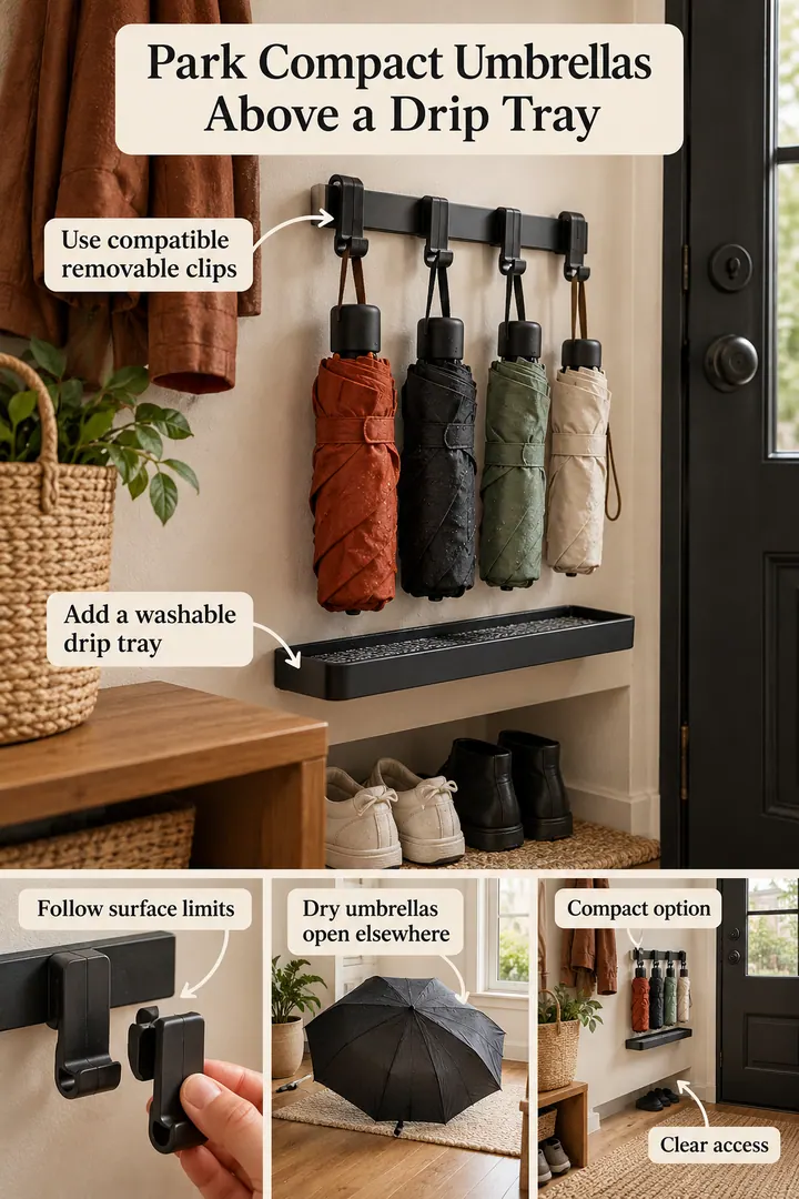 Budget Decor Catalog of removable entry umbrella clips in Rental entryway showing use compatible removable clips.