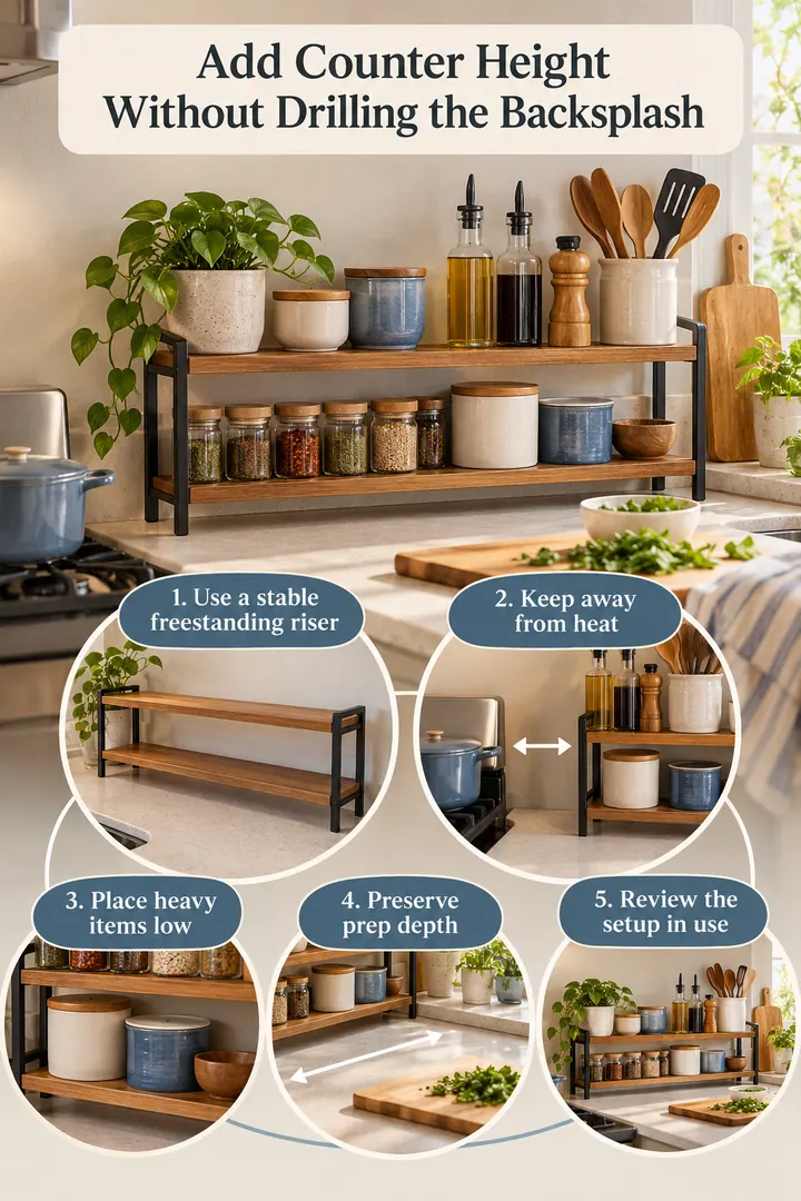Numbered Ideas Infographic of freestanding backsplash shelf in Rental kitchenette showing use a stable freestanding riser.