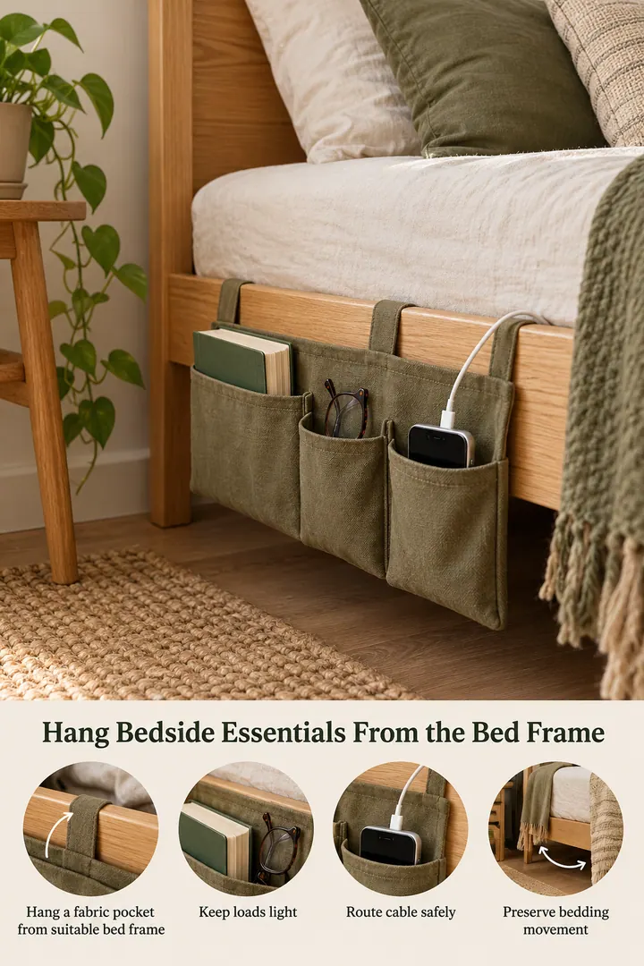 Annotated Educational Photo of no-drill bedside headboard pocket in Rental bedroom showing hang a fabric pocket from suitable bed frame.